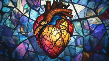 Vibrant stained-glass artistic illustration of an anatomical heart in colorful art, HD PC desktop wallpaper and background.