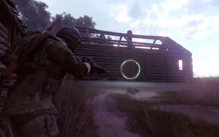 HD PC desktop wallpaper/background from the video game Active Matter: armored soldier crouches with rifle outside a wooden bunker at dusk beneath a cloudy sky.