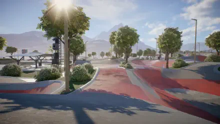 HD PC desktop wallpaper of Skate (video game) skate park: sunlit concrete bowls and ramps, trees lining a red-and-gray plaza with mountains and blue sky in the background.