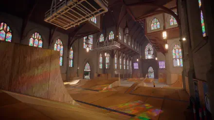 HD PC desktop wallpaper of Skate (video game): a cathedral-style indoor skate park with stained-glass windows, wooden ramps and suspended platforms.