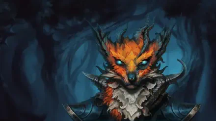 Against the Storm — 4K Ultra HD PC wallpaper: armored fox-like warrior with glowing blue eyes and tattered ruff, framed by a shadowy, stormy forest.