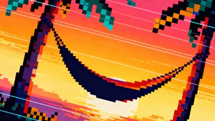 Pixel-art hammock strung between palm trees at a vivid sunset with glitchy retro colors — 4K Ultra HD PC desktop wallpaper and background.
