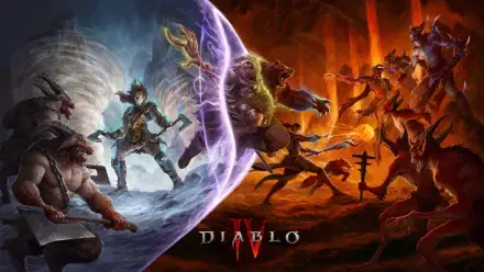 HD PC desktop wallpaper/background for the video game Diablo IV (Diablo) by Blizzard Entertainment: fantasy battle of heroes vs demons split between icy blue and fiery red, Diablo IV logo.