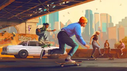 HD PC desktop wallpaper of Skate (video game): skaters skateboarding in a gritty skate park under an overpass, graffiti, parked car and city skyline at sunset.