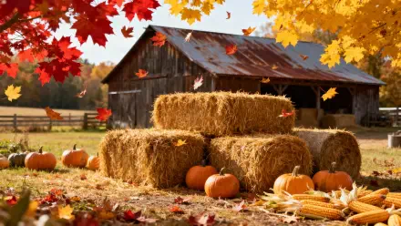 Autumn farm fall scene with hay bales, pumpkins and a weathered barn framed by red and gold leaves — 4K Ultra HD PC desktop wallpaper and background.