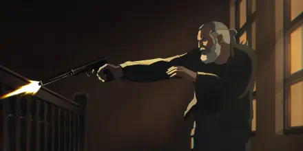 Splinter Cell: Deathwatch TV show 2K Quad HD PC desktop wallpaper — stylized image of a bearded man shooting a pistol in a dim, shadowed interior.