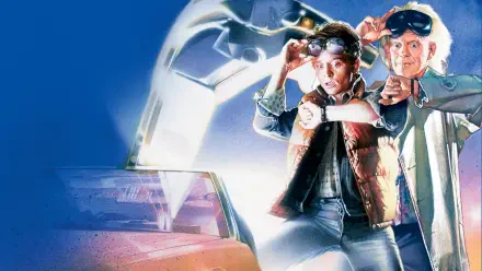 Back to the Future HD PC desktop wallpaper: Marty McFly and Doc Brown beside the DeLorean amid glowing time-travel streaks.