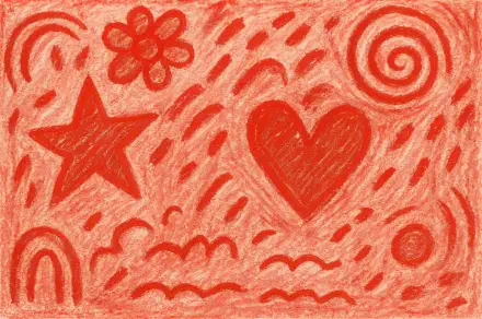 Red aesthetic 4K Ultra HD PC desktop wallpaper and background of crayon-style doodles: star, heart, flower, spiral, rainbows and wavy lines on a textured red field.