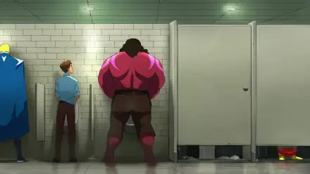 Video game Dispatch HD PC desktop wallpaper/background: stylized public restroom scene showing a massive pink-clad character and a smaller man at urinals, tiled walls and stalls.