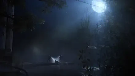 4K Ultra HD PC desktop wallpaper/background from the TV show ARC Raiders at night: a misty, moonlit urban scene with silhouetted trees, power lines and a lone illuminated tent.