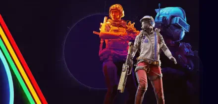 Colorful ARC Raiders TV show gaming art HD PC desktop wallpaper: astronaut-suited gunner with rifle in front, orange soldier and blue mech helmet against a dark circular backdrop.