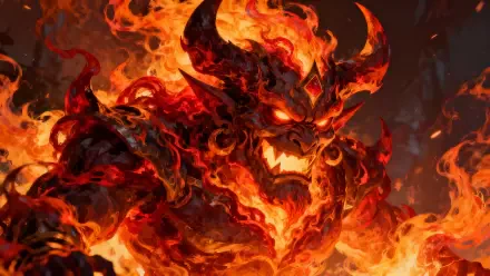 Fiery Ganon (The Legend of Zelda) roaring amid an inferno in a detailed 4K Ultra HD PC desktop wallpaper and background, molten horns, blazing armor and glowing eyes.