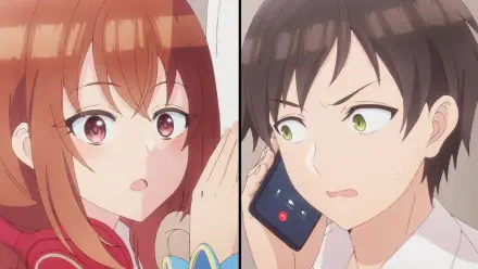 Anime HD PC wallpaper from My Friend's Little Sister Has It In for Me! — Iroha Kohinata presses a glass partition opposite Akiteru Ooboshi on a phone, both wearing surprised expressions.