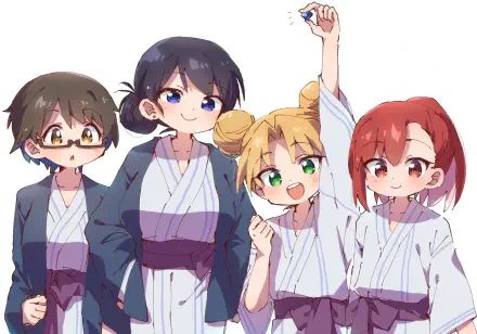 2K Quad HD anime desktop wallpaper by Ruri Rocks: Ruri Tanigawa, Nagi Arato and Shouko Seto with a fourth friend in yukata, smiling and posing against a white background.