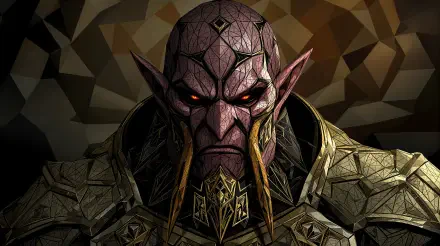 Close-up of Ganondorf (The Legend of Zelda) in dark ornate armor, glowing red eyes and geometric background — 4K Ultra HD PC desktop wallpaper.