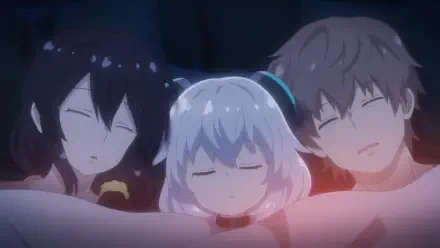 HD PC desktop wallpaper from Alma-chan Wants to Be a Family! showing Alma, Enji Kamisato and Suzume Yobane sleeping close together, peaceful faces bathed in a warm, soft glow.