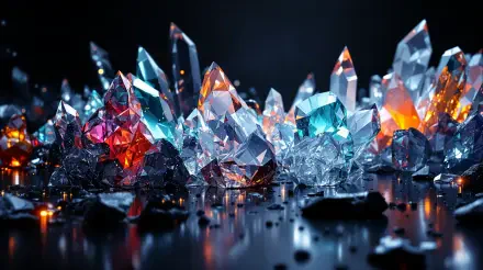 4K Ultra HD PC desktop wallpaper and background of vivid translucent crystals in blue, teal and orange on a reflective black surface, glowing facets against a dark backdrop.