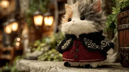 Cute AI Art cat plush toy in an ornate red-and-black coat on a cobblestone ledge, warm lamp bokeh behind — 2K Quad HD PC desktop wallpaper of toy animals.