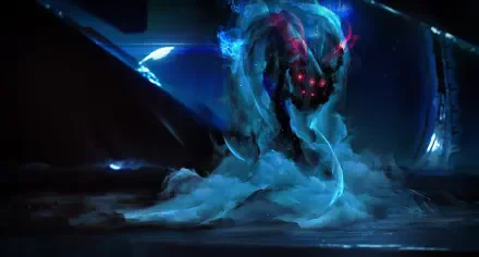 Endless Space 2 video game HD PC desktop wallpaper: eerie glowing ethereal space creature with red eyes and swirling blue mist against a dark sci‑fi backdrop.