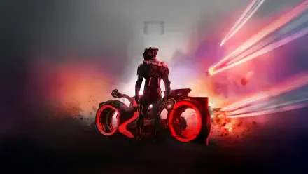 Tron: Ares 5K Ultra HD PC desktop wallpaper — lone rider by an illuminated red lightcycle, neon trails streaking through a smoky, futuristic nightscape.