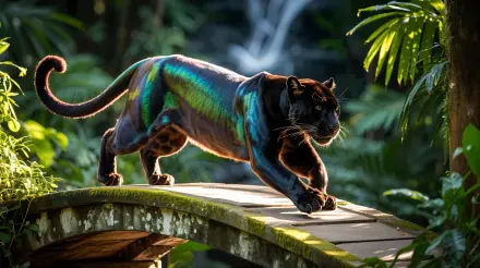 Iridescent panther prowls a mossy wooden bridge through a sunlit jungle — 4K Ultra HD PC desktop wallpaper and background.