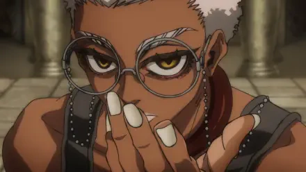 Anime HD PC desktop wallpaper: Gachiakuta-style Semiu Grier character with short white hair, round glasses, intense golden eyes, white-painted nails, hand raised to mouth before stone columns.