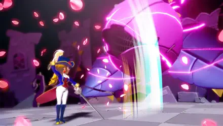 Princess Peach Showtime! HD PC desktop wallpaper/background — Peach in a swashbuckler outfit brandishing a rapier as pink energy and petals swirl around a towering glowing mech.