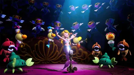 Princess Peach Showtime! HD PC desktop wallpaper and background — Peach sings center stage in a glittering spotlight, surrounded by dancing Toads and colorful whimsical creatures.