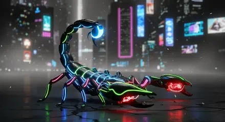 Cyberpunk neon scorpion crawling on wet pavement against a blurred city skyline — 4K Ultra HD PC desktop wallpaper and background.