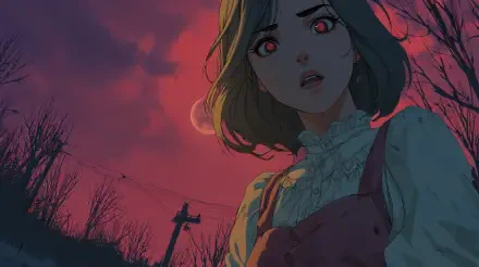 Spooky anime 4K Ultra HD PC desktop wallpaper: frightened girl with red eyes and dark bob, blood-red sky and moon, barren trees and a distant scarecrow silhouette.