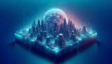 4K Ultra HD PC desktop wallpaper and background of a glowing futuristic city on a floating block, neon towers and lights with a translucent dome rising behind over a tranquil blue void.