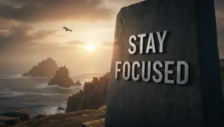 Motivational 4K Ultra HD PC desktop wallpaper and background: sunrise over a rocky coast, stone slab engraved STAY FOCUSED, lone bird over the ocean, dramatic golden light.