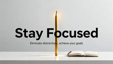 Motivational Stay Focused 4K Ultra HD PC desktop wallpaper: glowing gold pencil upright beside an open notebook on a minimalist white desk, captioned Eliminate distractions, achieve your goals.