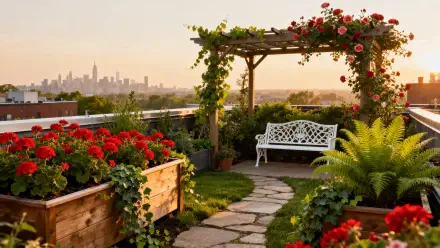 Rooftop garden, 4K Ultra HD PC Desktop Wallpaper and Background: sunlit pergola, white bench, stone path, red flower planters and distant city skyline at sunset.