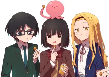 Anime (Takopi's Original Sin) 2K Quad HD desktop wallpaper: three characters — bespectacled dark-haired boy, short black-haired girl with pink octopus on her head eating snacks, smiling blonde girl.