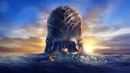 One Piece (Live Action) 5K Ultra HD PC desktop wallpaper and background: massive whale skull rising from the ocean at sunset, shimmering water and the series logo in the foreground.