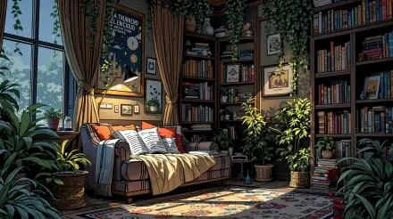 Reading nook — sunlit sofa, overflowing bookshelves, lush plants and patterned rug; 4K Ultra HD PC desktop wallpaper/background radiating warm, bookish comfort.