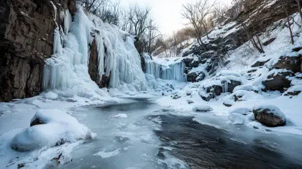 4K Ultra HD PC desktop wallpaper/background showing a nature scene: a frozen waterfall cascading into an icy river amid snow-covered rocks and leafless trees.