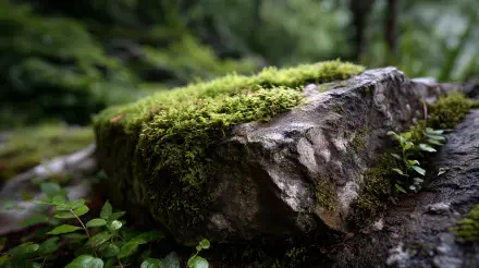 4K Ultra HD PC desktop wallpaper: close-up of a mossy stone in a lush green forest, detailed texture and soft bokeh background.