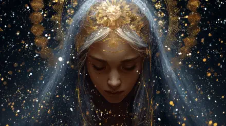 Cosmic goddess 4K Ultra HD PC desktop wallpaper: serene veiled celestial woman with a golden halo, luminous headdress and drifting star-like particles.