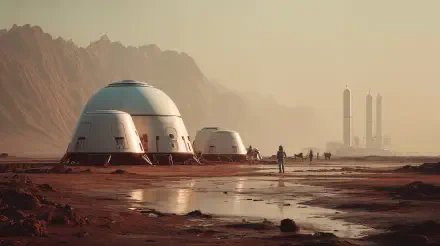 Sci-Fi Mars colony 4K Ultra HD PC desktop wallpaper and background: domed habitats, distant towers and crew walking across a red, reflective plain beneath a hazy sky.