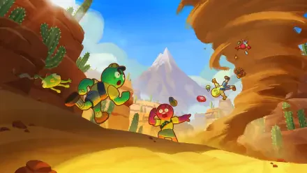 4K Ultra HD PC desktop wallpaper/background: vibrant scene from the video game Peak (video game) — toy-like characters dash through a sunlit desert canyon toward a distant mountain peak.