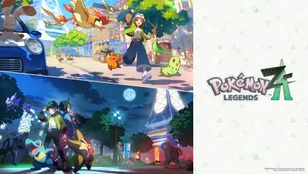 Pokémon Legends Z-A HD PC desktop wallpaper: split art with bright daytime village scene of trainers and Pokémon above, moody nighttime city scene below, game logo at right.