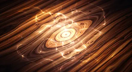 4K Ultra HD PC desktop wallpaper showing a polished wood texture with glowing, swirling light rings over a central knot.