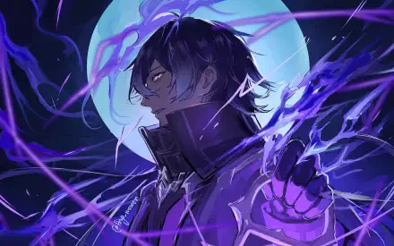 HD PC desktop wallpaper of Flins from the video game Genshin Impact — brooding figure against a full moon, purple electro tendrils swirling around his dark coat and intense gaze.