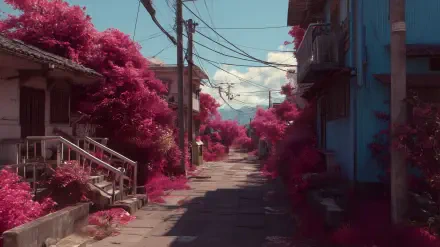 Surreal town alley with neon-pink foliage and blue buildings under a bright sky — 2K Quad HD PC desktop wallpaper and background.
