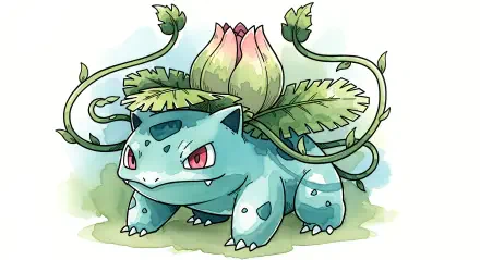 Ivysaur (Pokémon) watercolor-style 4K Ultra HD PC desktop wallpaper showing a sturdy Ivysaur with a leafy bud, curling vines and vivid red eyes.