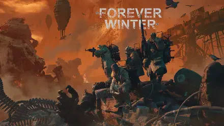 HD PC desktop wallpaper for the video game The Forever Winter: armed survivors atop wreckage under an orange, apocalyptic sky with airships and ruined industrial structures.