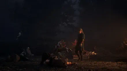 4K Ultra HD PC desktop wallpaper for NORSE: Oath of Blood — a Norse warrior stands among fallen enemies by a campfire in a dark forest.