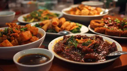 4K Ultra HD PC desktop wallpaper and background featuring Chinese food: a spread of saucy beef, stir-fried vegetables, spring rolls, dipping sauce and crispy sides on a wooden table.